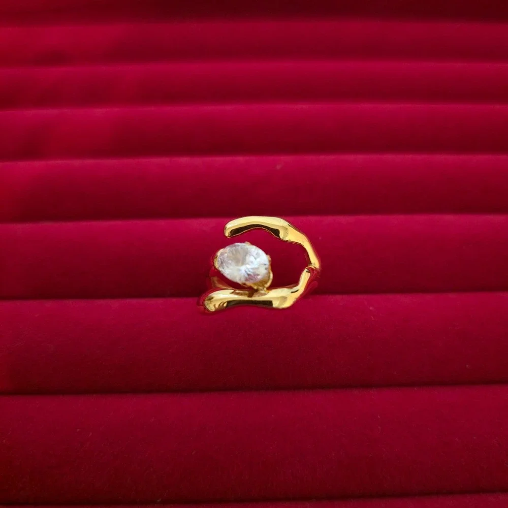 18K Gold Plated Stainless Steel Organic Molten Ring CZ Accent Size 6.5